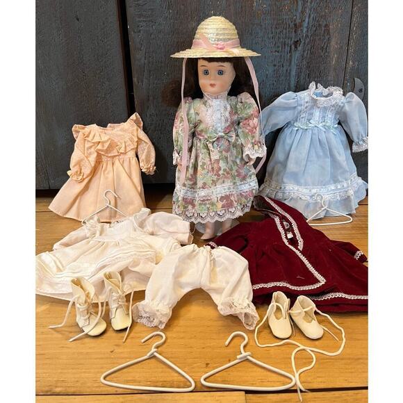 Vintage Porcelain Doll Lot. Doll w/ Blue Eyes Brown Hair.Dresses Shoes Hat 10.5" - Picture 1 of 9